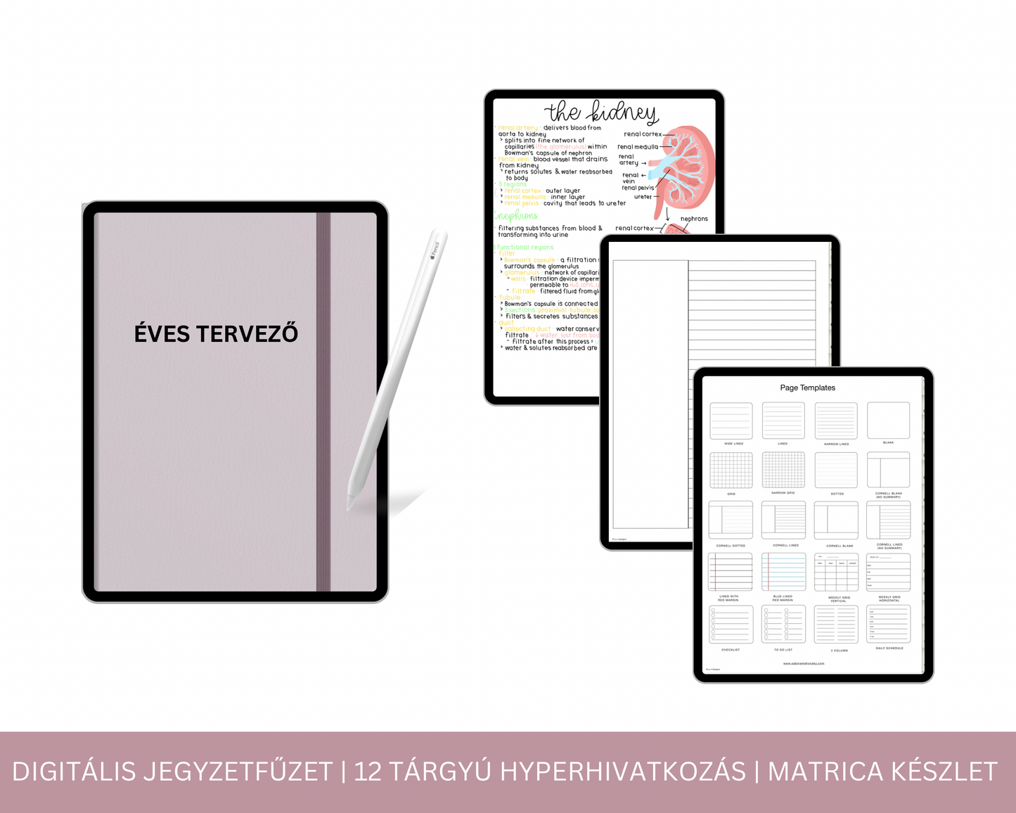 Digitális Jegyzetfűzet | 12 Tárgyú Hiperhivatkozású lap | Jegyzetoldal Sablon | GoodNotes