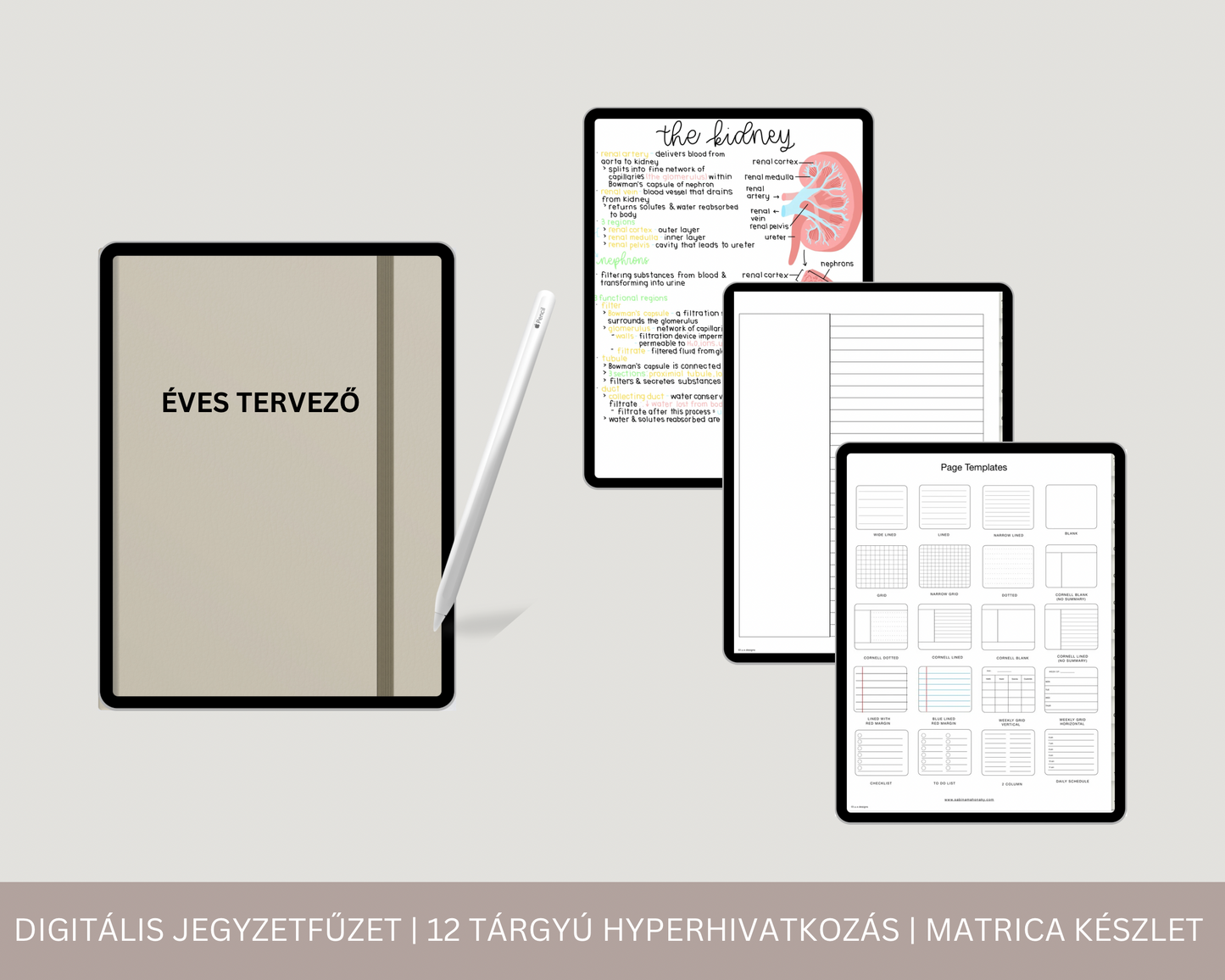 Digitális Jegyzetfűzet | 12 Tárgyú Hiperhivatkozású lap | Jegyzetoldal Sablon | GoodNotes