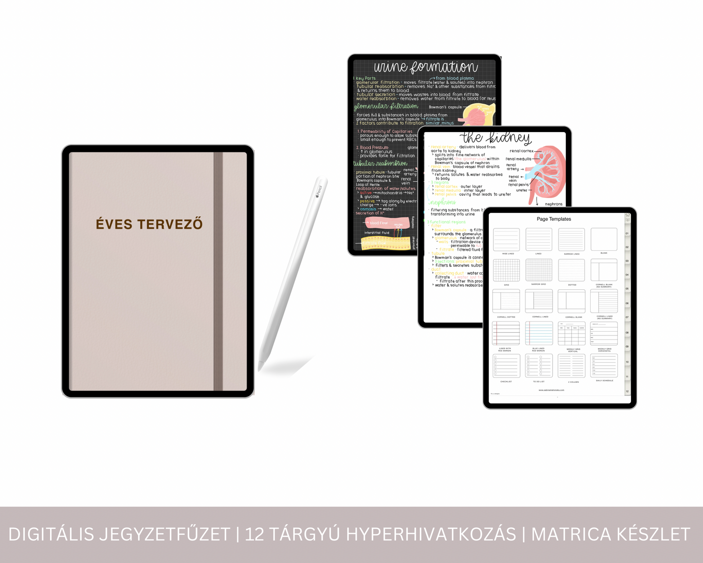 Digitális Jegyzetfűzet | 12 Tárgyú Hiperhivatkozású lap | Jegyzetoldal Sablon | GoodNotes