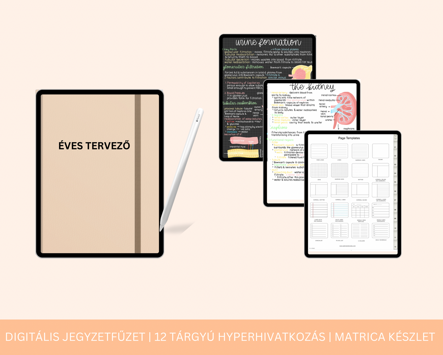 Digitális Jegyzetfűzet | 12 Tárgyú Hiperhivatkozású lap | Jegyzetoldal Sablon | GoodNotes