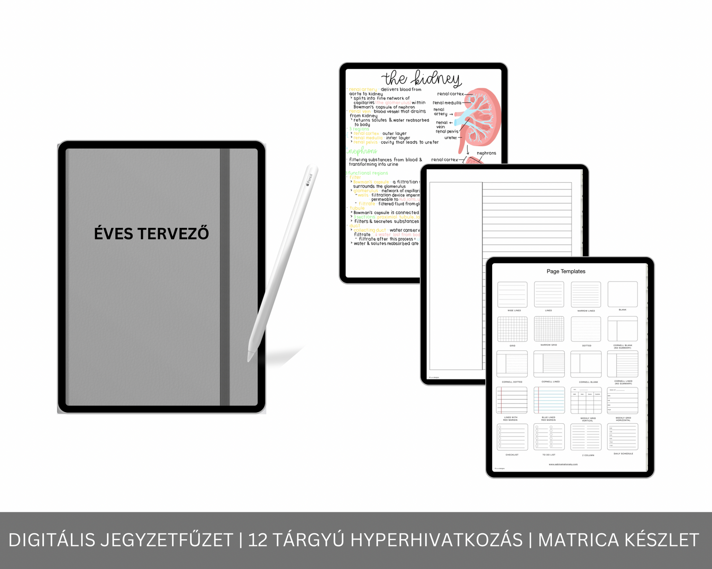 Digitális Jegyzetfűzet | 12 Tárgyú Hiperhivatkozású lap | Jegyzetoldal Sablon | GoodNotes