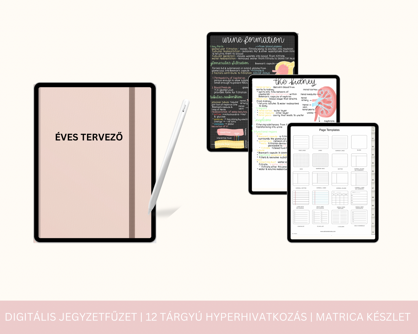 Digitális Jegyzetfűzet | 12 Tárgyú Hiperhivatkozású lap | Jegyzetoldal Sablon | GoodNotes