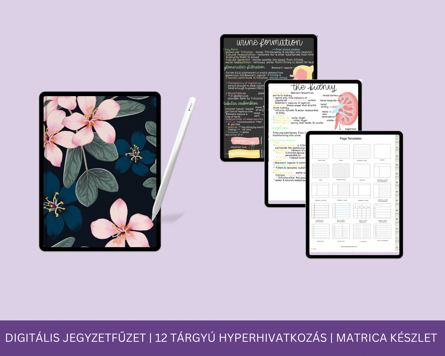 Digitális Jegyzetfűzet | 12 Tárgyú Hiperhivatkozású lap | Jegyzetoldal Sablon | GoodNotes