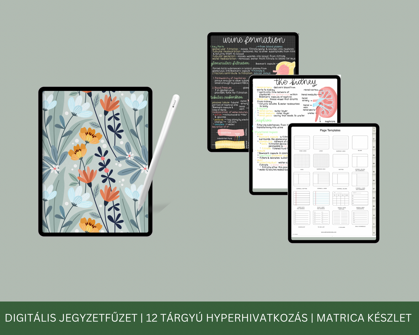 Digitális Jegyzetfűzet | 12 Tárgyú Hiperhivatkozású lap | Jegyzetoldal Sablon | GoodNotes