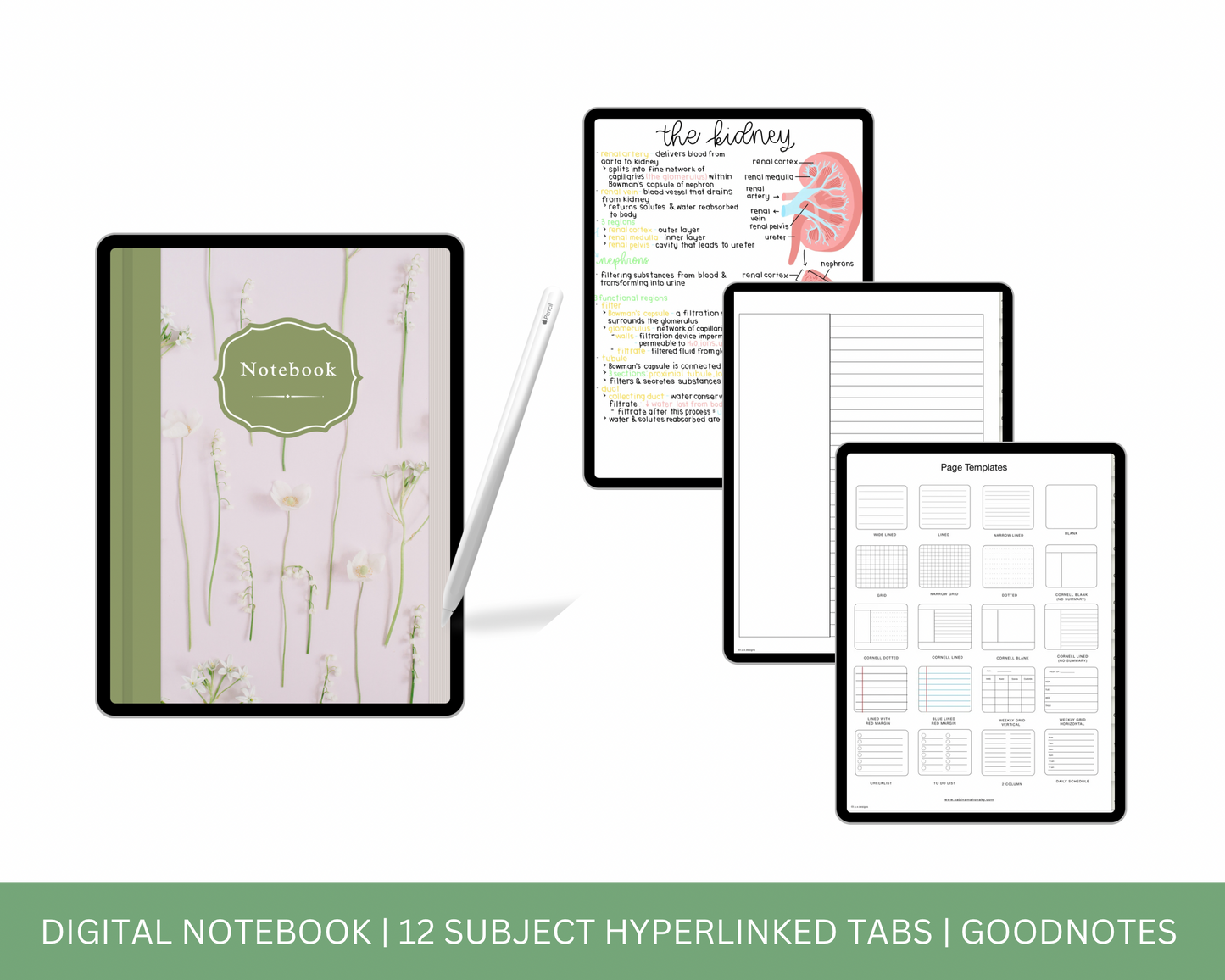 Digital Notebook , 12 Subject Hyperlinked Tabs, Note Page Templates, Notebook Template, GoodNotes