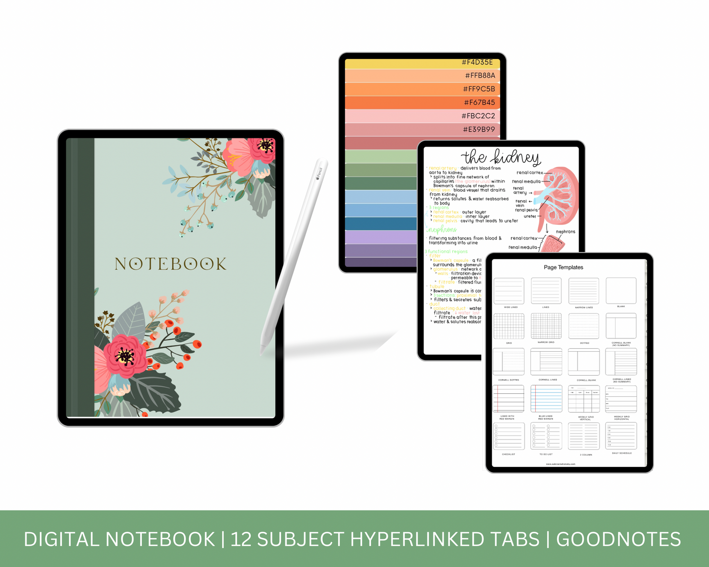 Digital Notebook , 12 Subject Hyperlinked Tabs, Note Page Templates, Notebook Template, GoodNotes