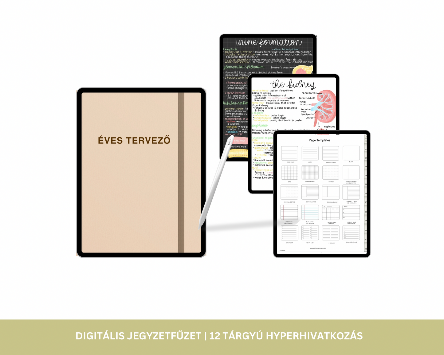 Digitális Jegyzetfűzet | 12 Tárgyú Hiperhivatkozású lap | Jegyzetoldal Sablon | GoodNotes